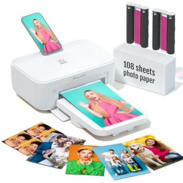 Imagem de iDPRT Impressora fotográfica 4 × 6, impressora colorida portátil, mini impressora de imagem de sublimação térmica, pacote com 108 folhas de papel fotográfico e 2 fitas cassete, impressora fotográfica
