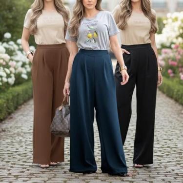Imagem de Kit Com 3 Calças Pantalona Duna Reta Cós Frontal Liso Elegante Social 