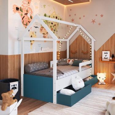 Imagem de Cama Infantil Montessoriana Casinha Solteiro Menino Menina Com Proteção Lateral E Gavetas Com Rodas Branco Com Azul