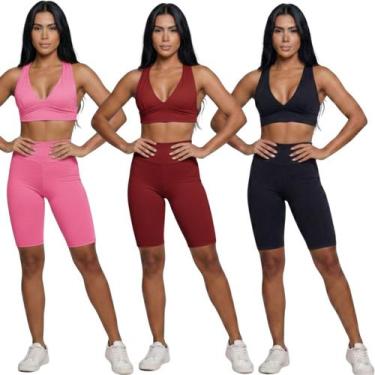Imagem de KIT 3 Conjunto Top Bojo e Bermuda Ciclista Bella Fiore Roupa Para Acad