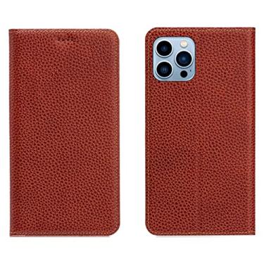 Imagem de LAHappyL Capa tipo carteira para iPhone 13 Pro Max/13 Pro/13/13 Mini capa protetora de couro legítimo com suporte para cartão e absorção magnética oculta, marrom, 13 Pro 6,1 polegadas