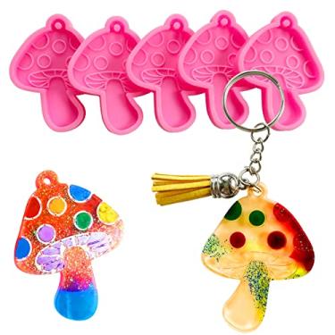Imagem de Szecl 5 peças molde de chaveiro de cogumelo bonito brilhante forma de cogumelo moldes de fundição de silicone com furo para joias faça você mesmo pingentes fazendo 5 peças chaveiros corrente 5 peças chaveiro borlas artesanato artesanal