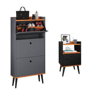 Imagem de Kit Quarto Sapateira Vertical 3 Gavetas Basculantes Dark Cinza/Cinamomo e Mesinha Lateral Pequena Nicho Organizador Dream Preto/Cinamomo – RPM
