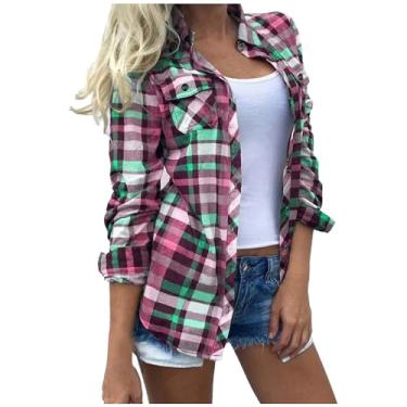 Imagem de Tawop Jaqueta feminina xadrez gola V camisas xadrez 2023 outono camisetas algodão manga longa casual namorado blusa, rosa, XXG