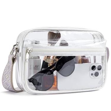 Imagem de BOSTANTEN Bolsa transparente para mulheres, aprovada por estádios, bolsas transparentes, pequena bolsa transversal moderna para shows, eventos esportivos, Alça de guitarra roxa, Bolsa transparente