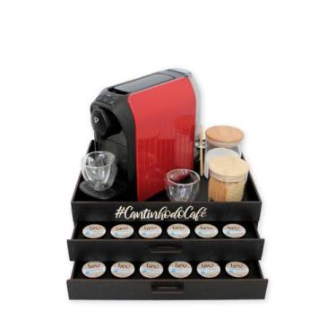 Imagem de BOXFAN Bandeja preta com 2 gavetas porta cápsulas 3 corações, organizador cantinho café, suporte 48 cápsulas em mdf, servir café e chá, apoio cafeteira e xícaras