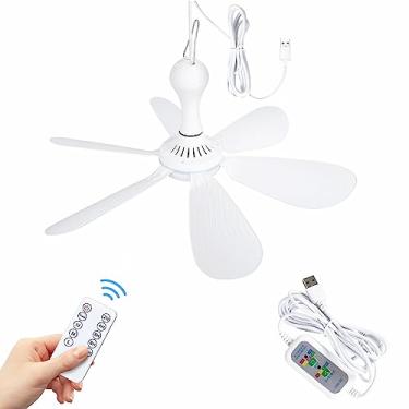 Imagem de Xindejia Ventilador de teto pequeno alimentado por USB, 6 lâminas, silencioso, CC 5V, ventiladores de teto USB para ambientes internos e externos, trailer, cama, quarto, mesa, viagem, acampamento, tenda canopa, mini ventiladores suspensos portáteis - branco