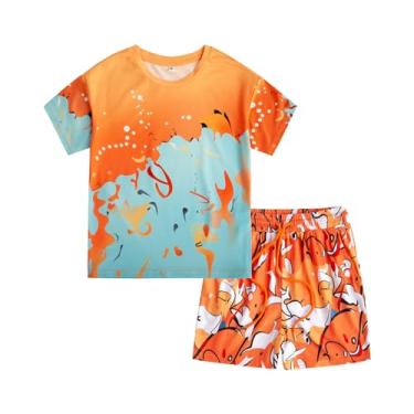 Imagem de Little Bitty Conjunto de camisetas e shorts de verão para meninos e crianças, estampa abstrata, vibrante, 2 a 7 anos, Laranja e azul, 3Y