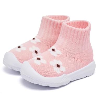 Imagem de MORENDL Pantufas infantis antiderrapantes para meninos e meninas, Flor rosa, 9-12 meses