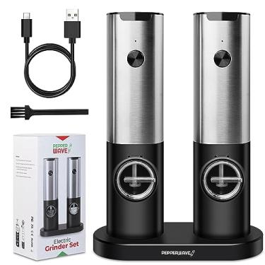 Imagem de PepperWave Conjunto de moedor elétrico recarregável de sal e pimenta com USB | Moedor de pimenta elétrico automático com luz LED | Coqueteleira recarregável com espessura ajustável | Não precisa de