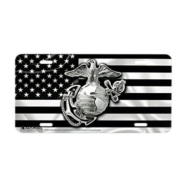 Imagem de Placa de licença para fuzileiros navais com bandeira preta USMC da Airstrike - Emblema do Corpo Marinho em preto feito nos EUA placa de licença de metal - 774
