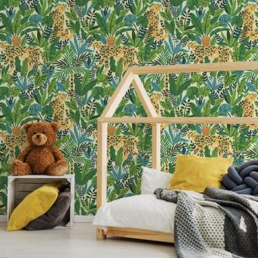 Imagem de Papel de Parede Folhagem Tropical e Onça rolo 57x270cm - Quartinhos