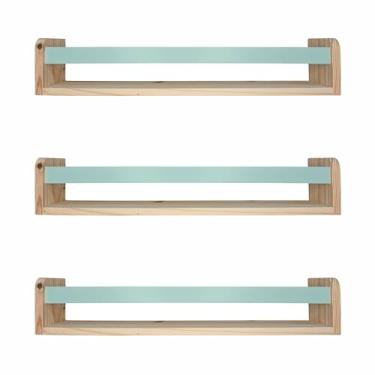Imagem de Kit 3 Prateleiras Porta Livros em Madeira Pinus Natural Com Cerquinha Colorida Cor:Cerquinha Verde Paraíso;Tamanho:12x60