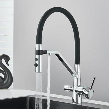 Imagem de Torneira de filtro de latão com rotação de 360 graus, torneira de cozinha, chuveiro/modelo de fluxo, tubo flexível, guindaste de água quente/fria, cromado