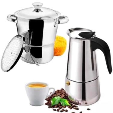Imagem de Kit Panela Cuscuzeira Inox Grande 16cm + Cafeteira Italiana Expresso 6 Xícaras fogão indução, a gás, e fogão Elétrico