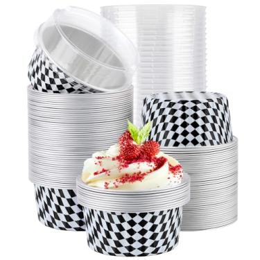Imagem de EUSOAR Ramequins de alumínio, 100 peças de copos de muffin de 142 g com tampas para assar, formas de cupcake de suflê, forros de alumínio, copos de ramequins descartáveis, mini formas de cheesecake,