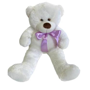 Imagem de Urso De Pelúcia Grande Bicho Com Laço 50cm Macio Cores (Baunilha Laço lilás)