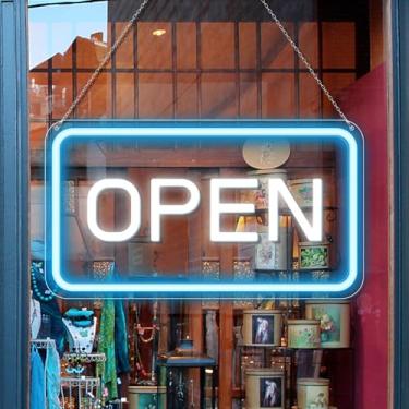 Imagem de Placas abertas para empresas, placa aberta LED de 40,6 cm × 23,6 cm alimentada por USB com interruptor ON/OFF, sinais abertos COB de brilho ajustável para bares, cafés, parede, janela, montra (azul