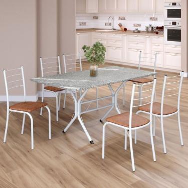 Imagem de Conjunto Sala De Jantar Mesa Retangular 140x75cm Tampo Granito Topázio 6 Cadeiras Rio C. Marrom - Branco