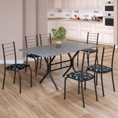 Imagem de Conjunto Sala De Jantar Mesa Retangular 140x75cm Tampo Granito Ocre 6 Cadeiras Rio Preto Floral - Preto Fosco