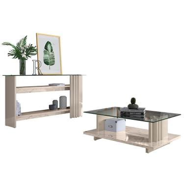 Imagem de Aparador e Mesa de Centro Frizz em MDP com Tampo de Vidro 150cm Off White para Sala