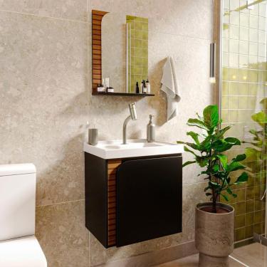 Imagem de Gabinete Banheiro Lirio Com 1 Porta Espelheira E Cuba Preto Fosco/ripa 3d