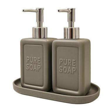 Imagem de 2 Dispenser Porta Sabonete Cerâmica 500ml + Bandeja Melamina - Gira Co