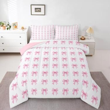 Imagem de Feelyou Conjunto de cama infantil com laço rosa, tamanho solteiro, fofo, com laço, edredom kawaii, decoração de princesa, respirável, macio, leve, microfibra feminina e masculina