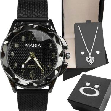 Imagem de Relogio Feminino Aço Preto + Colar Brinco Coração + Caixa Black Piano Social Inoxidável autêntico