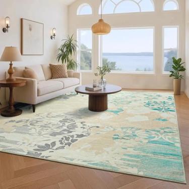 Imagem de Przemy Tapetes laváveis para sala de estar, tapete de 10 x 15 cm para quarto, tapete antiderrapante vintage para dormitório, corredor, sala de jantar, berçário, escritório, sala de jogos, bege e azul