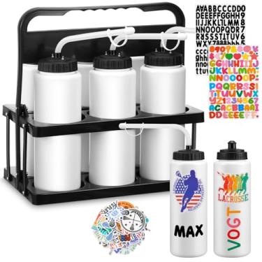 Imagem de Suclain Conjunto de 7 garrafas de água de hóquei, garrafas de água esportivas de 940 ml e transportadores com adesivos de canudo longo, plástico de boca larga para futebol, fitness, bicicleta