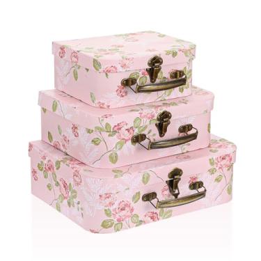 Imagem de AojSup Pacote com 3 caixas decorativas de armazenamento de mala – malas de papelão com tampas, caixa de papelão com alça para decoração de casa, casamento, aniversário, aniversários (rosa, conjunto de