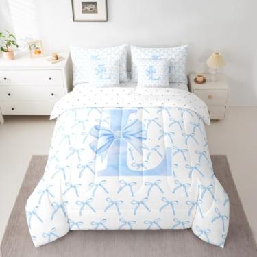 Imagem de Conjunto de cama Queen com laço de desenho animado com 7 peças, gravata borboleta azul letra G nó princesa, aquarela, patchwork, azul, branco (edredom + elástico + plano+2 fronhas + 2 capas de