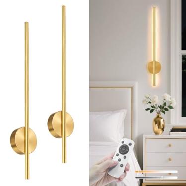 Imagem de NIORSUN Arandela de parede operada por bateria de 27,6 polegadas, conjunto de 2, luzes de parede recarregáveis minimalismo dourado com controle remoto, lâmpada de parede sem fio regulável de 3 CCT