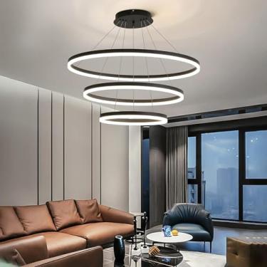 Imagem de Lustres modernos para sala de estar, 3 anéis círculos LED pingente luminária lustre para sala de jantar, altura ajustável, tricolor regulável, acabamento preto