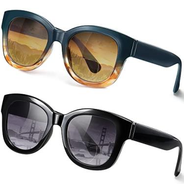 Imagem de EYEGUARD Pacote com 2 óculos de sol de leitura bifocais para mulheres, proteção UV400, dobradiça de mola, vintage, leitores, preto + azul, 1,75