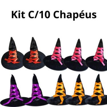 Imagem de Kit C/10 Chapéus Bruxa Preto Com Fitas Coloridos Halloween - generico