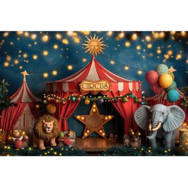 Imagem de YongFoto Cenário com tema de circo, 2,4 x 1,8 m, leão, elefante, tenda, parque de diversões, fotografia, chá de bebê, crianças, aniversário, carnaval, escola, evento, decoração de sala de aula, faixa