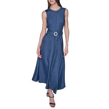 Imagem de Karl Lagerfeld Paris Vestido midi feminino sem mangas enfeitado com cinto metálico risca, Azul jeans multi, 38