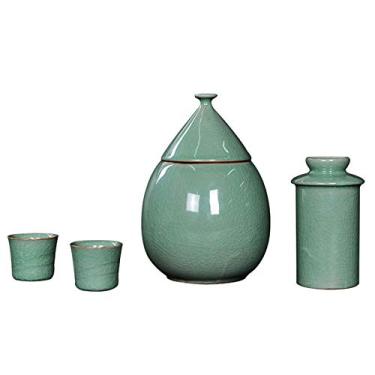 Imagem de JOEUQK Conjunto de saquê de cerâmica, conjunto de saquê conjunto de pote de saquê tradicional xícara de saquê porcelana cerâmica artesanato taças de vinho com copo para manter quente, 4 peças
