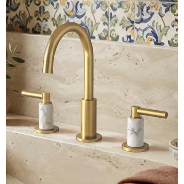 Imagem de KES Torneira de banheiro dourada escovada em mármore italiano natural Carrara com 3 furos com ralo de pia todo de metal, torneira de pia de banheiro ampla de 20 cm para penteadeira, bico giratório de