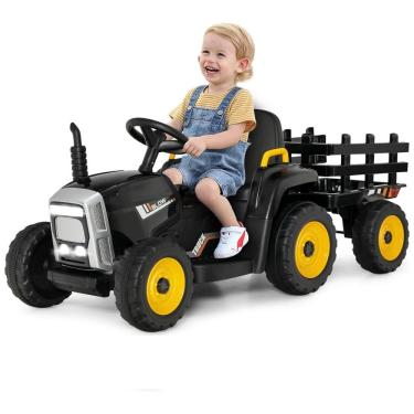 Imagem de Trator Elétrico Infantil 2 em 1 com Reboque, Controle Remoto, Câmbio de 3 Marchas, Música, USB e Bluetooth, 12V, Olakids, Preto