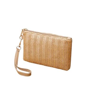 Imagem de Bolsa clutch feminina de palha boêmia verão praia bolsa de palha com zíper carteiras de pulso para mulheres carteira de pulso de praia, Café, Medium