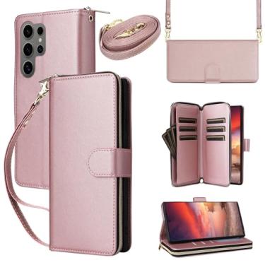 Imagem de Capa carteira para Samsung Galaxy S24 Ultra com cordão ajustável e alça de pulso - Couro sintético durável e TPU, 9 compartimentos para cartão, fecho magnético, suporte, capa de proteção total à prova