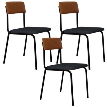 Imagem de Kit 03 Cadeiras Estofada Para Sala De Jantar Sense Preto C01 Linho Cinza Courino Caramelo - Lyam Decor