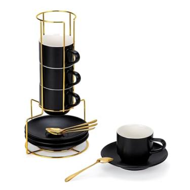 Imagem de Lareina Conjunto de 4 xícaras de cappuccino de porcelana de 227 g, xícaras de café empilháveis com pires, colheres e suporte de metal - para bebidas de café especiais, cappuccino, latte, americano e