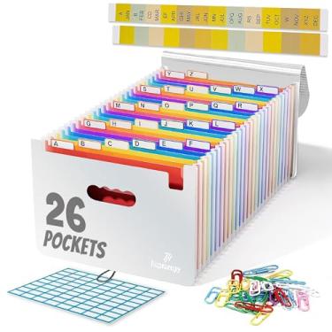 Imagem de Organizador de arquivos sanfonados, pasta sanfonada expansível com 26 bolsos, organizador de arquivos tamanho carta A4 com abas coloridas, cordão elástico, 60 clipes de papel, etiquetas e adesivos