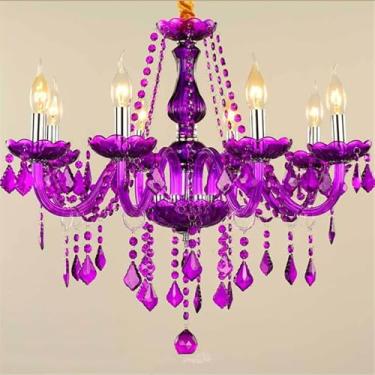 Imagem de Lustre de cristal roxo de luxo europeu com velas de LED para sala de estar, restaurante, quarto, quarto de menina, casa de campo, loja de roupas, salão de beleza, café, bar, karaokê (8 lâmpa
