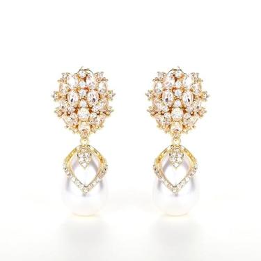 Imagem de Brincos de flor de zircônia brilhante de luxo elegantes imitação de pérola para mulheres, joias de banquete de casamento, presente, One Size, Cobre, Pérola