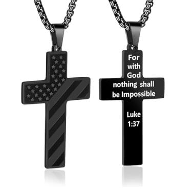 Imagem de AMAZINGSUN Colar de cruz com bandeira americana para homens, corrente de pingente de aço inoxidável com versículo da Bíblia, corrente de pingente de batismo, primeira comunhão, presentes, Large, Aço